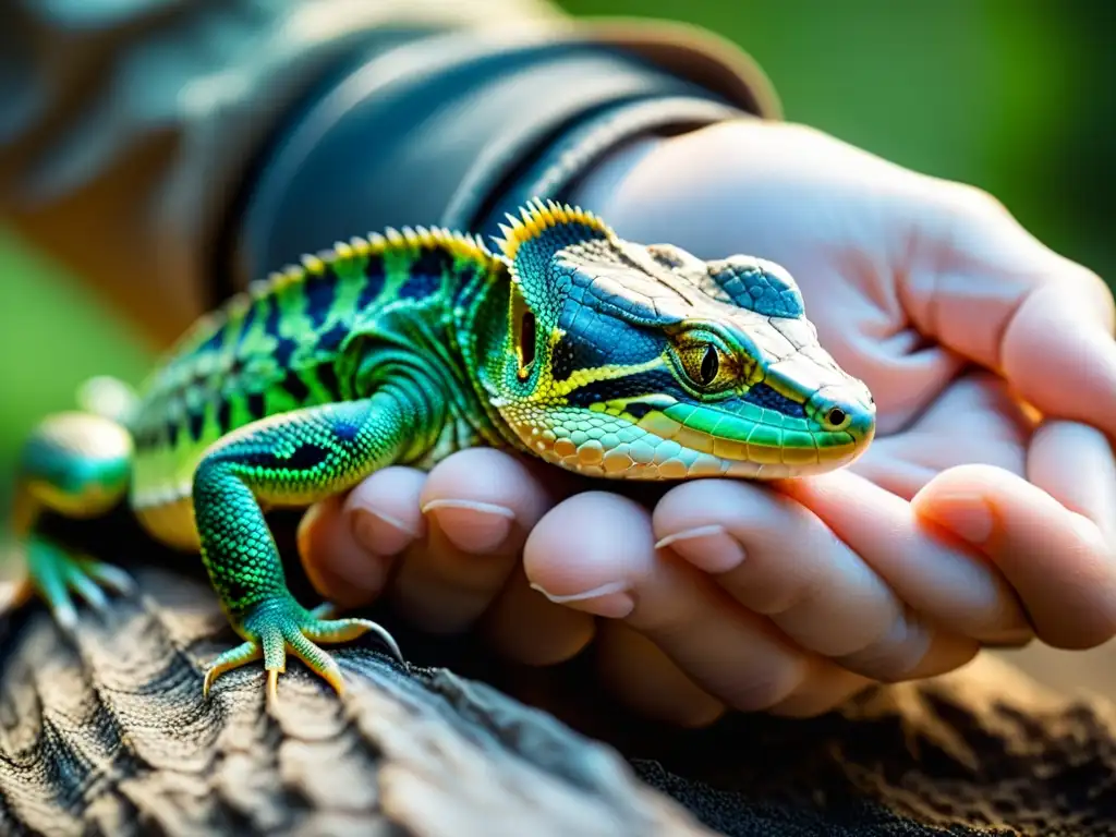 Manejo de alergias en reptiles: Imagen de un cuidadoso encuentro entre una persona y un reptil, resaltando las texturas y la conexión entre ambos