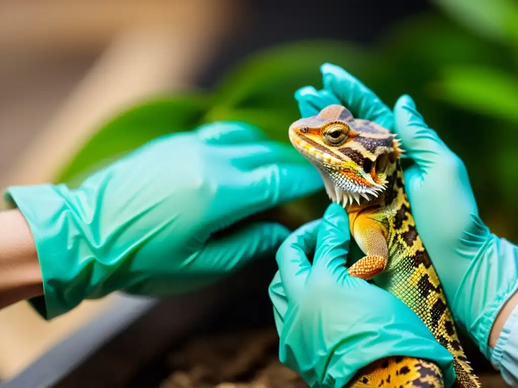 Manejo de alergias en reptiles: Persona cuidando con cariño a un reptil usando guantes protectores y mascarilla en un entorno limpio y bien iluminado