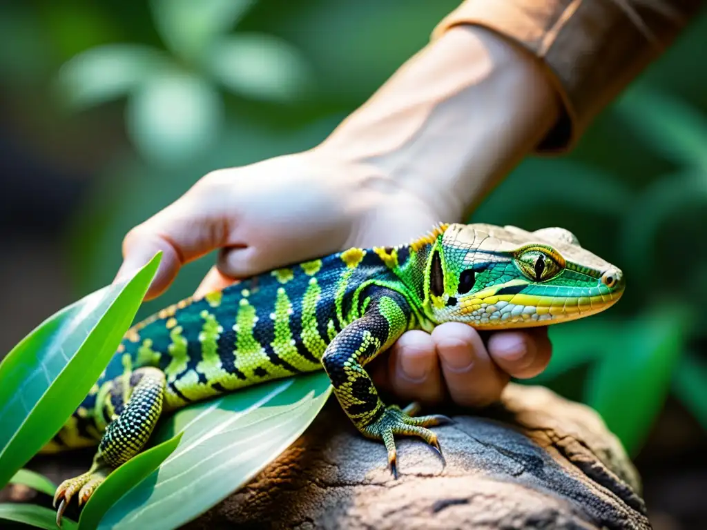 Mano sostiene con cuidado reptil exótico, resaltando texturas y patrones de su piel