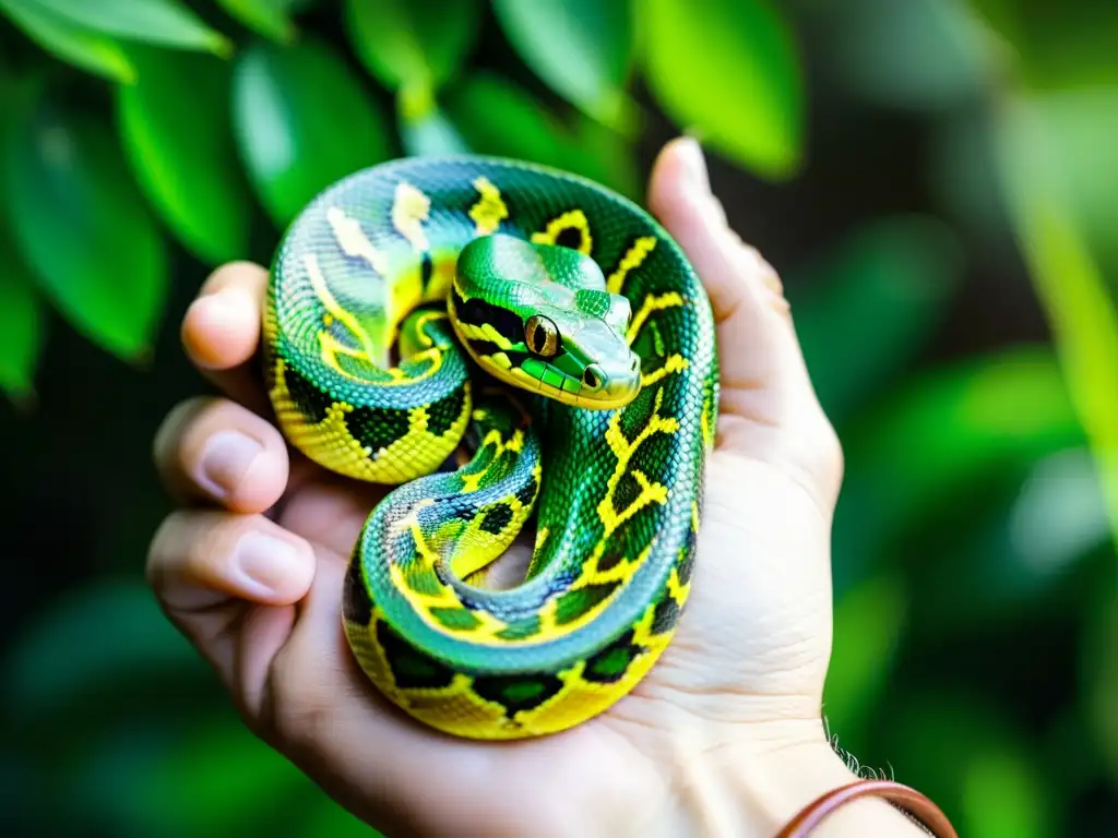 Mano acariciando detallada piel de serpiente pitón verde en entorno tropical