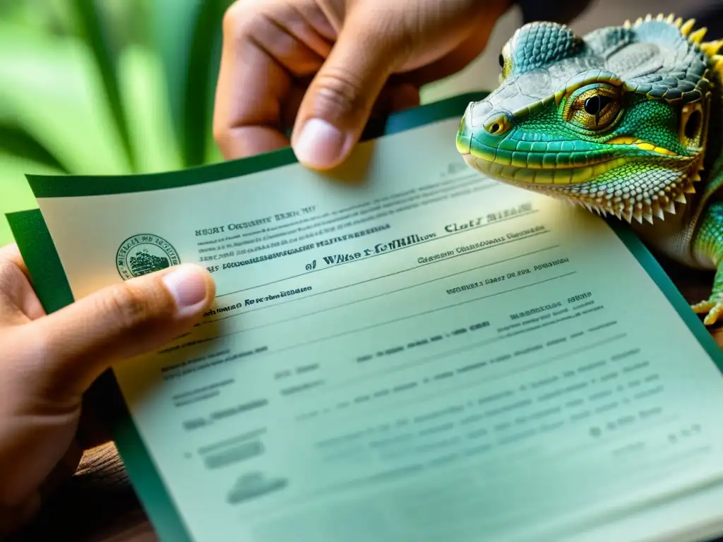 Mano sosteniendo documento legal con escamas de reptil al fondo, destacando la importancia de los documentos para criar reptiles legalmente