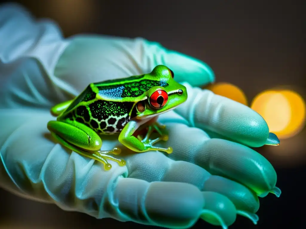 La mano enguantada de un cirujano sostiene con delicadeza una diminuta rana verde