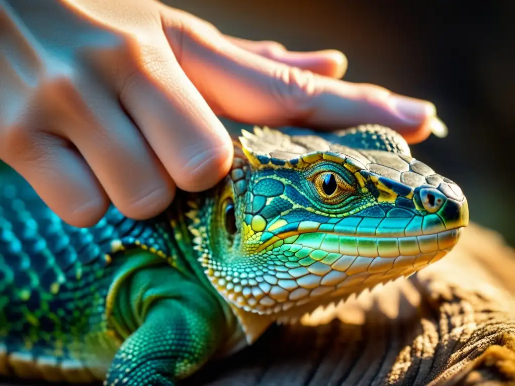 Una mano acaricia suavemente las escamas de un hermoso reptil, revelando confianza y conexión