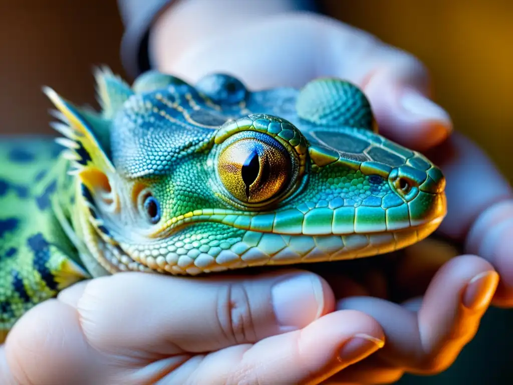 Mano acariciando escamas de reptil con cautela y fascinación en entorno natural