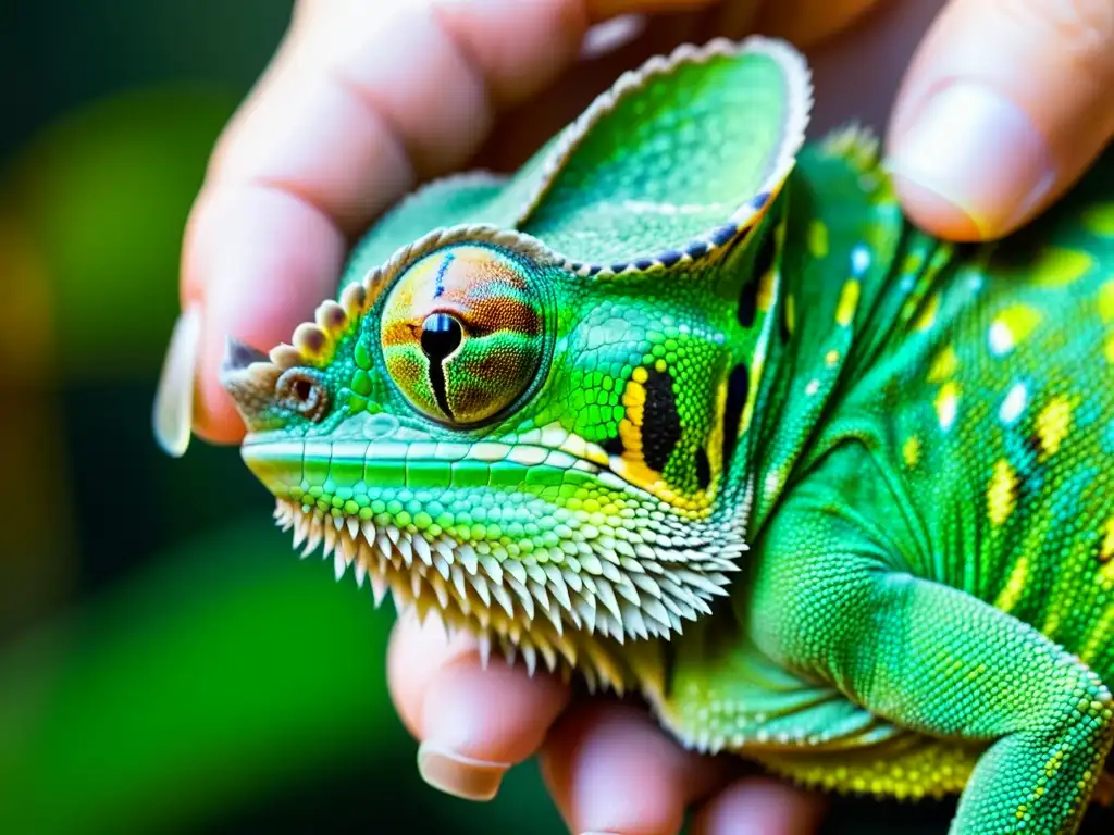 Una mano acaricia suavemente las escamas de un camaleón verde vibrante, revelando la textura e intrincado patrón de su piel