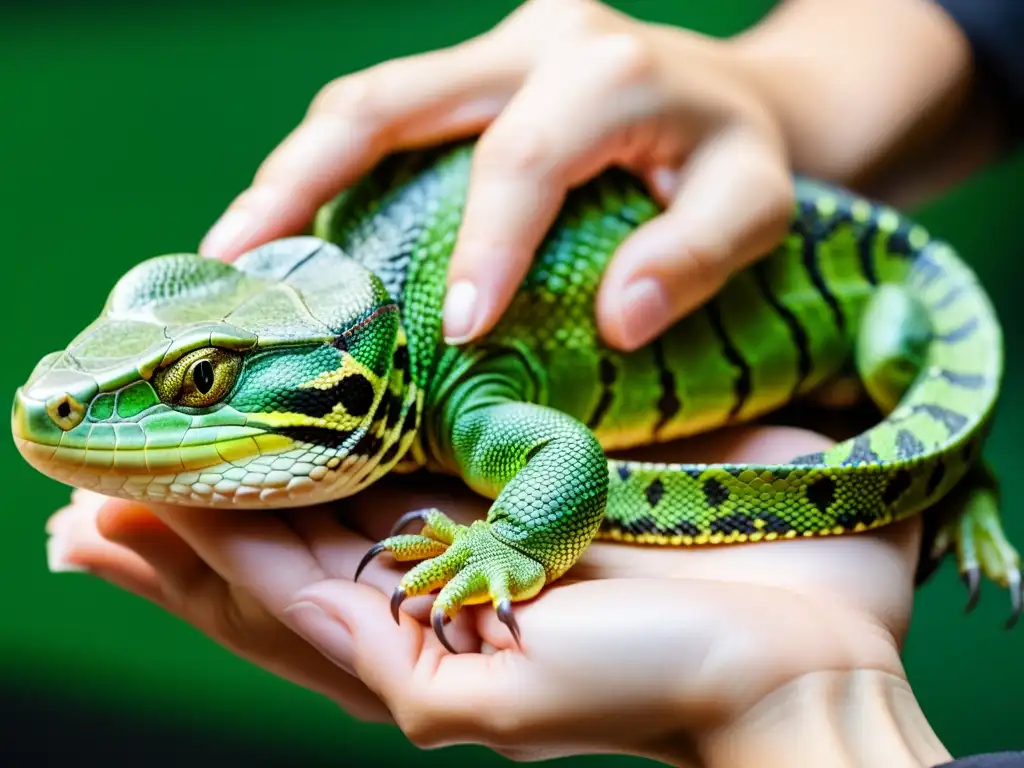 Mano con guante cuidadosamente sosteniendo reptil verde, enfoque en escamas