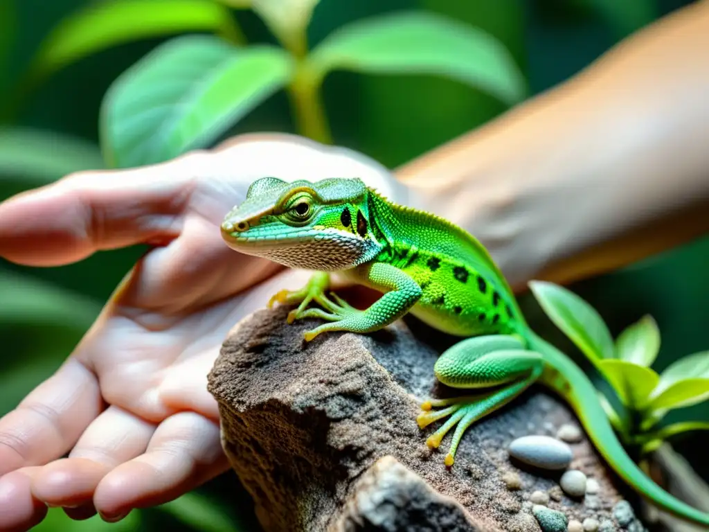 Una mano sujeta con cuidado a un vibrante lagarto verde en un terrario natural, mostrando escamas detalladas