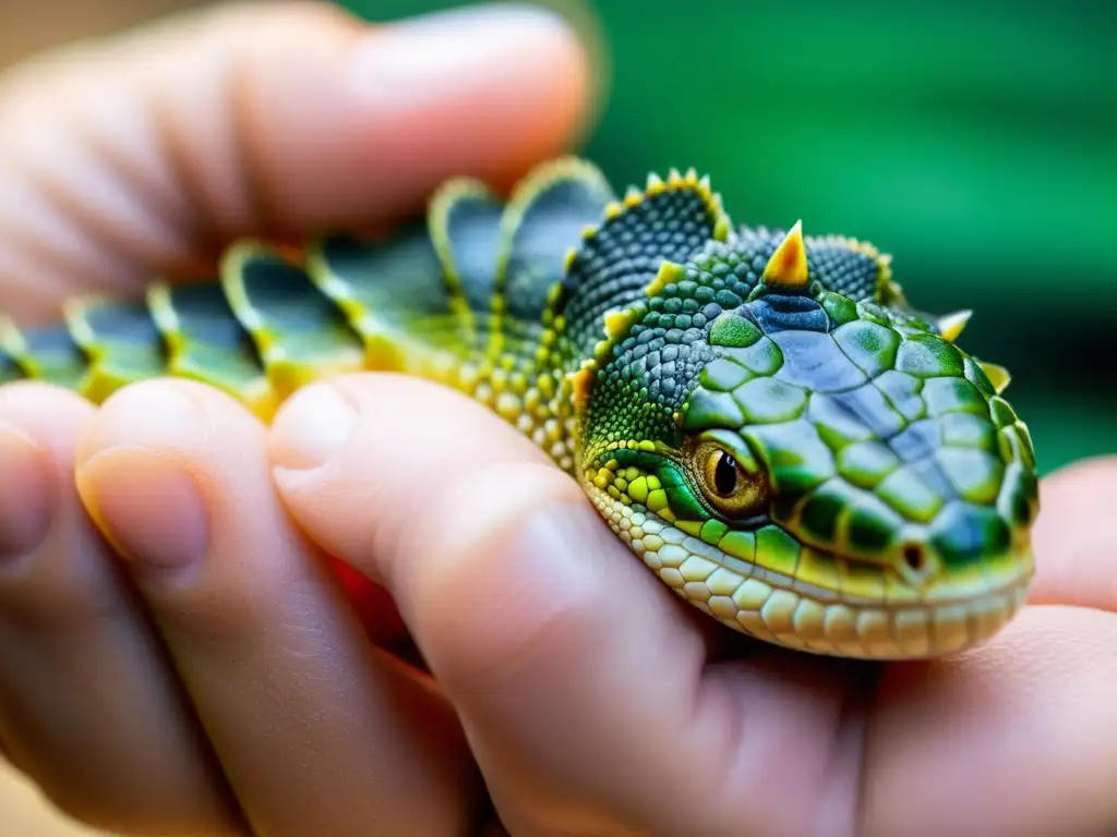 La mano de un veterinario sostiene suavemente la pata escamosa de un reptil, transmitiendo cuidado y atención médica