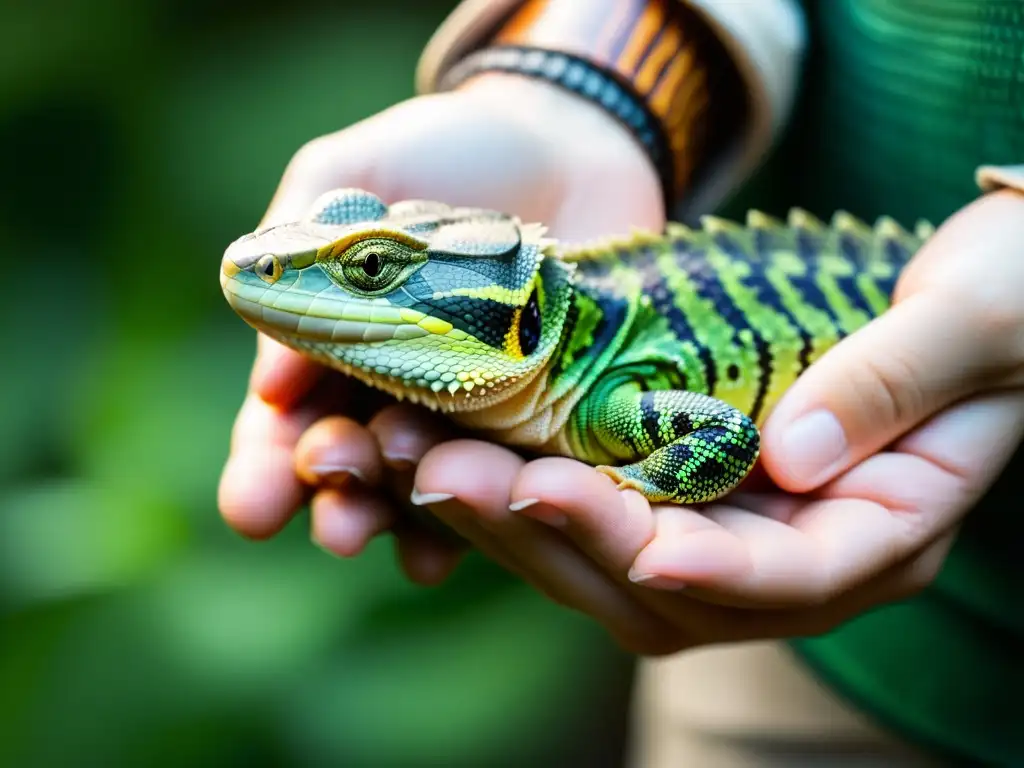 Manos cuidadosas sosteniendo reptil, destacando texturas de la piel