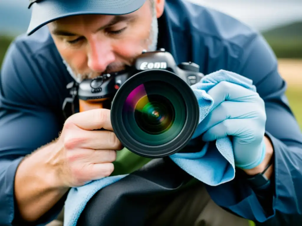 Manos de fotógrafo protegiendo equipo en entornos húmedos, con cuidado y precisión