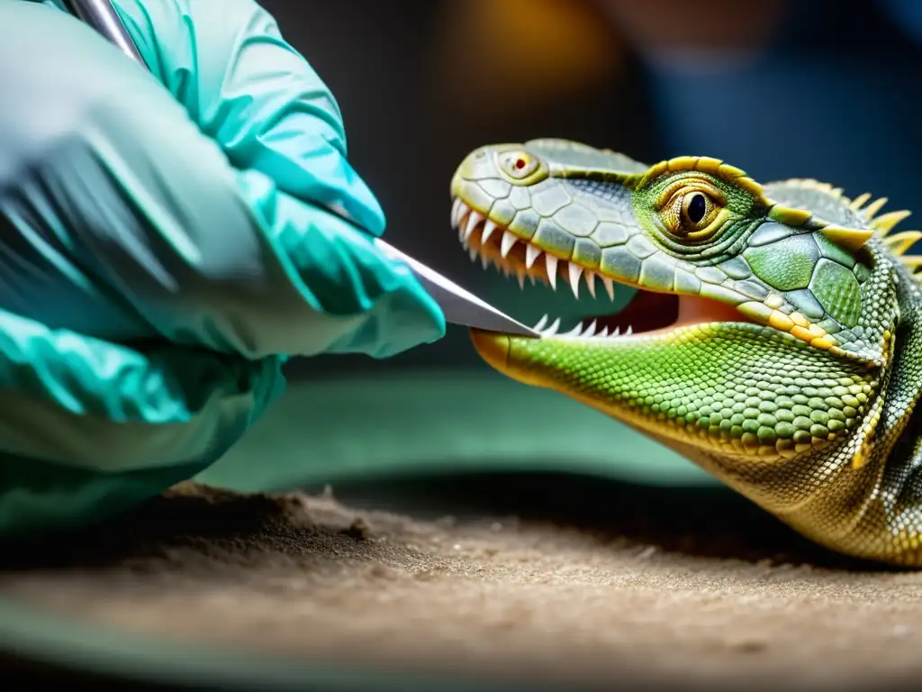 Mantenimiento adecuado de las garras de reptiles: veterinario cuidadosamente recorta la garra de un reptil, mostrando detalle y precisión