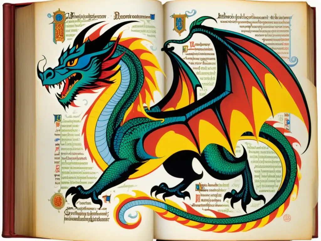 Un manuscrito iluminado detalla un bestiario medieval con un feroz dragón, escamas y garras, en vibrantes colores