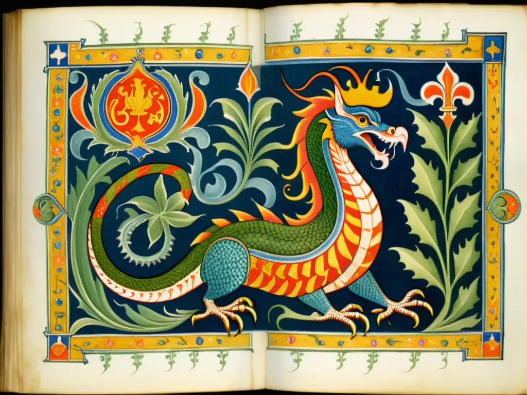 Manuscrito medieval con bestiario: basilisco y cocatriz en vibrantes colores y detalles, rodeados de mística