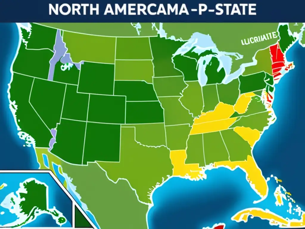 Mapa detallado de América del Norte con regulaciones para tener serpiente mascota