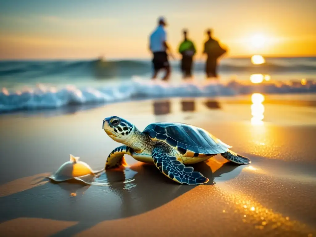 Marinos liberando tortugas al atardecer, reflejando programas conservación tortugas marinas