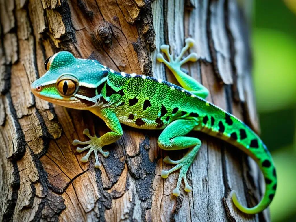 Mecanismos de mimetismo en reptiles: Gecko de cola de hoja mimetizándose con el árbol, mostrando su habilidad camuflaje en su hábitat natural