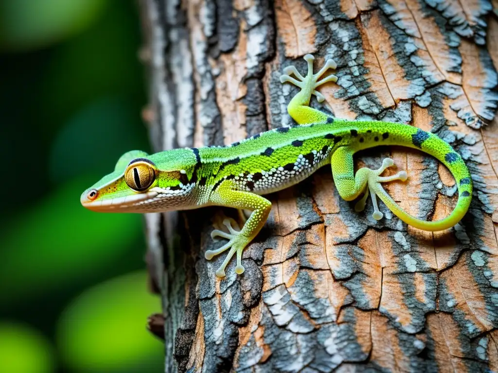 Mecanismos de mimetismo en reptiles: Detalle de la textura y camuflaje asombroso de un gecko cola de hoja en un árbol