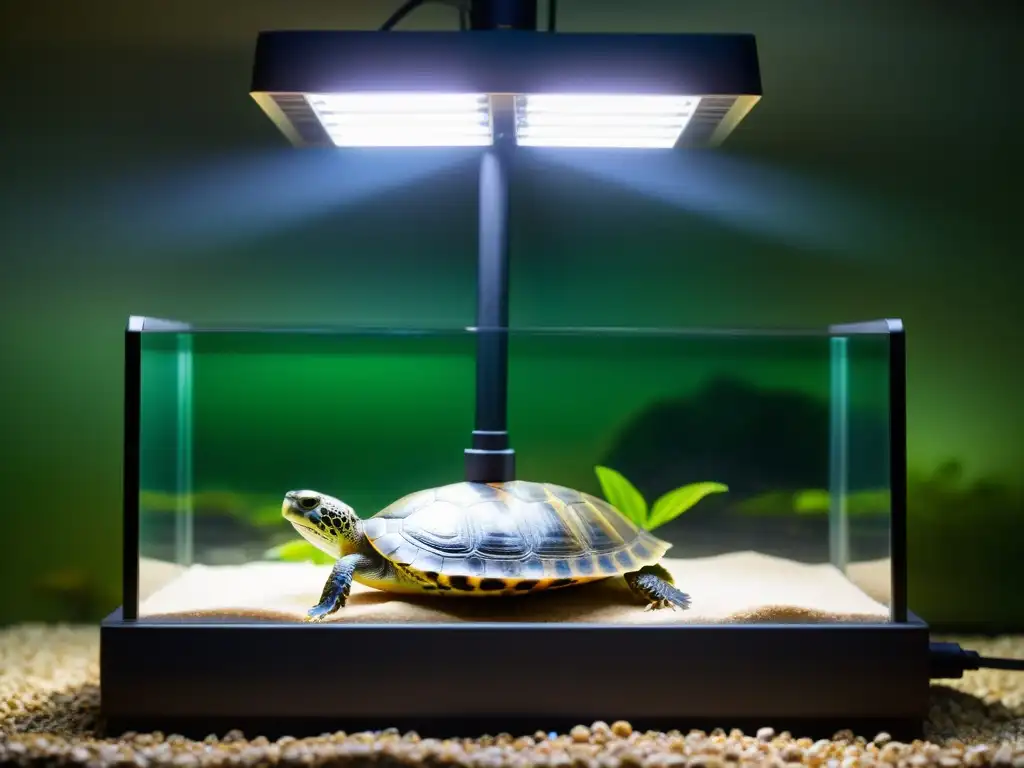 Una tortuga acuática disfruta del mejor equipamiento para tortugas acuáticas bajo una lámpara UVB en un tanque bien equipado