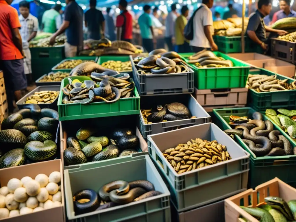 En un mercado caótico del sudeste asiático, se ven serpientes, lagartos y tortugas en jaulas apiladas