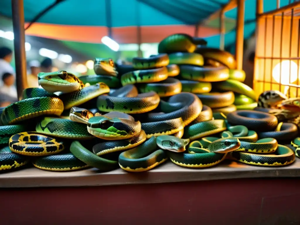 En un mercado de reptiles en el sudeste asiático, se ven serpientes, lagartos y tortugas en jaulas pequeñas y abarrotadas