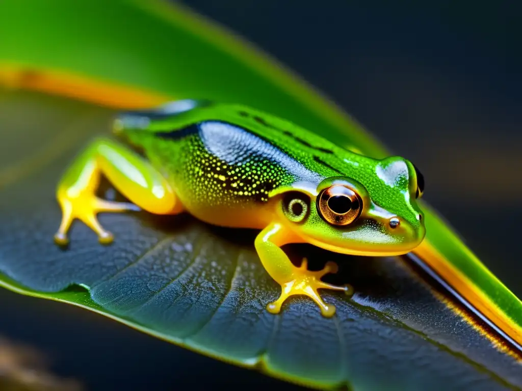 Metamorfosis de los anfibios: Detalle ultradetallado de la transformación de un renacuajo en una rana, con texturas y mirada intensa