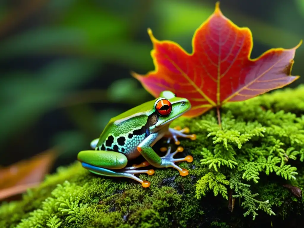 Microhábitats de anfibios en selva: Detalle fascinante del suelo del bosque con musgo verde, hojas caídas, agua y una rana de ojos rojos