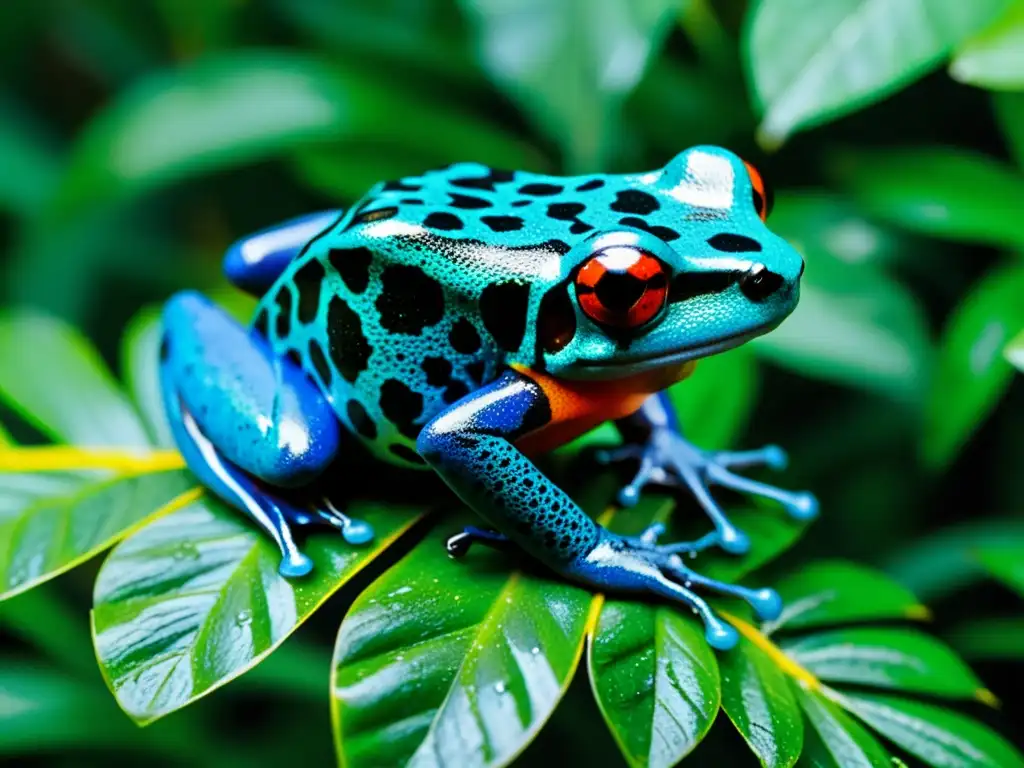 Microhábitats de anfibios en selva: Coloridas ranas venenosas en hojas tropicales, bajo la lluvia en la densa selva, con juegos de luz y sombra