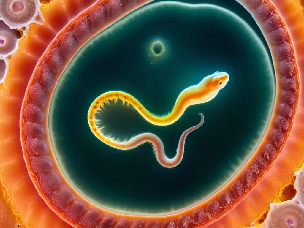 Microscópica vista detallada de parásitos Cryptosporidium infectando el intestino de una serpiente, mostrando distintas etapas de su ciclo de vida