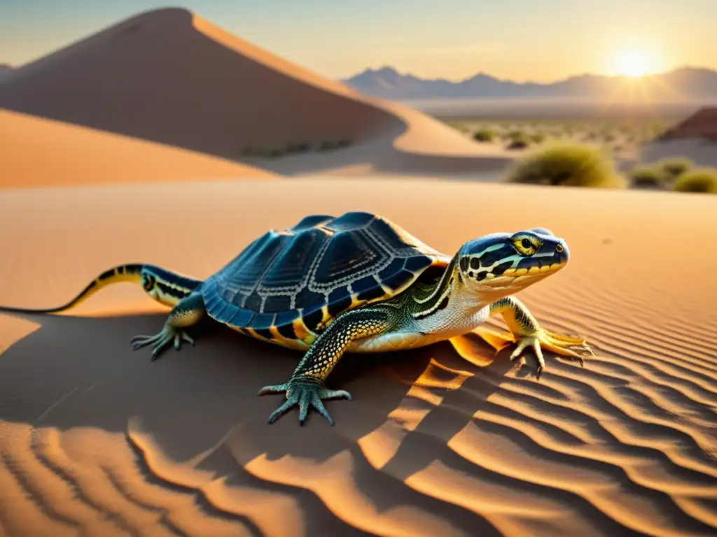 Migración de reptiles por cambio climático: Grupo diverso de reptiles migrando en el desierto, mostrando su respuesta instintiva al clima cambiante