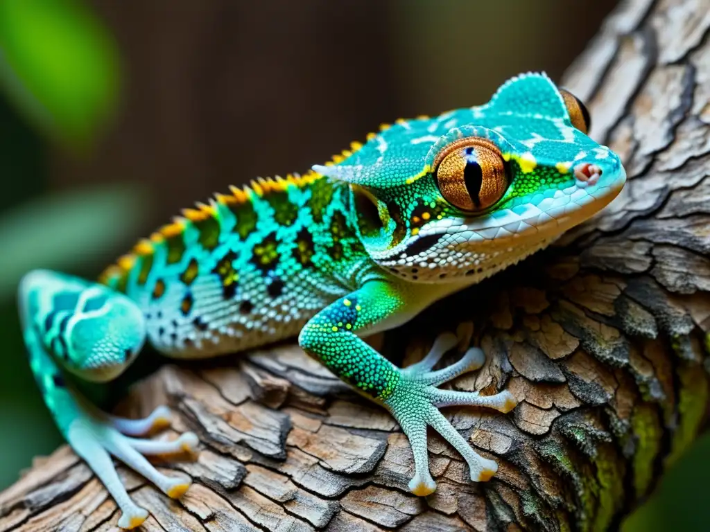 Mimetismo y camuflaje en reptiles: Gecko cola de hoja mimetizado en árbol con textura y colores idénticos, destacando su adaptación asombrosa