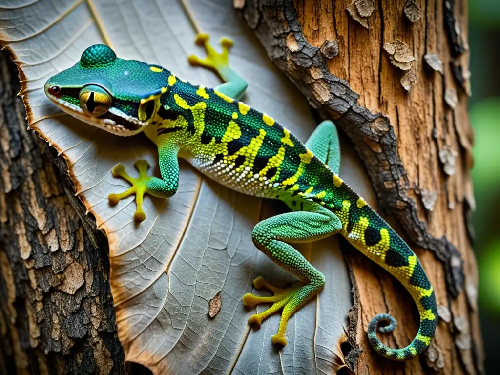 Mimetismo y camuflaje en reptiles: Gecko cola de hoja mimetizándose con textura de corteza de árbol en el denso bosque