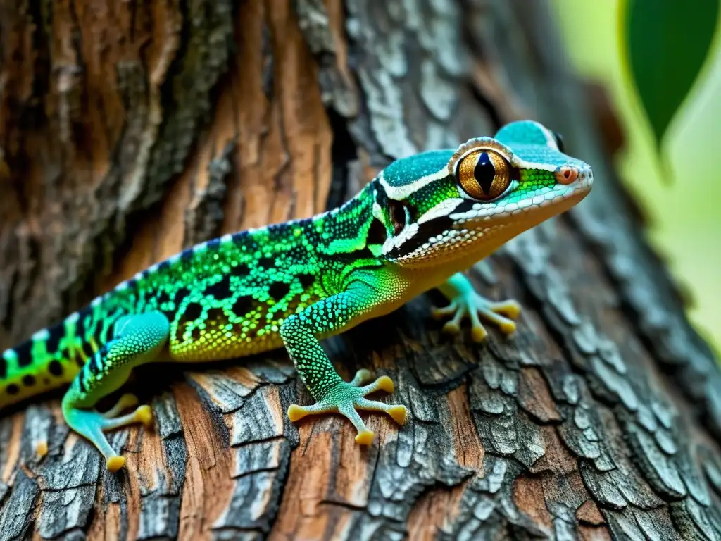 Mimetismo y camuflaje en reptiles: Gecko con patrón de piel imitando la corteza del árbol