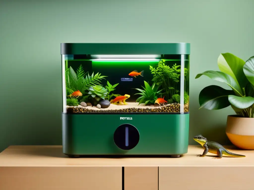 Un moderno dispensador automático de alimento para reptiles, en un hábitat natural con vegetación exuberante y diversa fauna