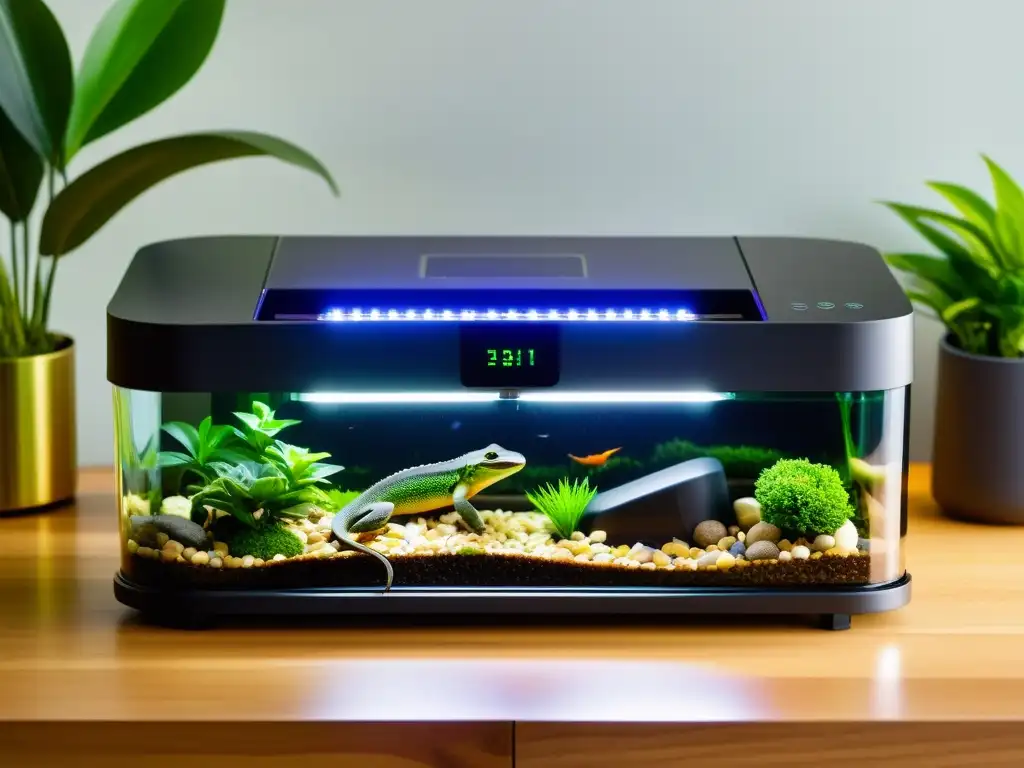 Un moderno dispensador automático de alimento para reptiles en un entorno naturalista, fusionando tecnología e hábitat natural