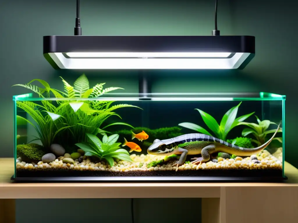 Un moderno dispensador automático de alimento para reptiles en un hábitat natural con animales diversos y exuberante vegetación