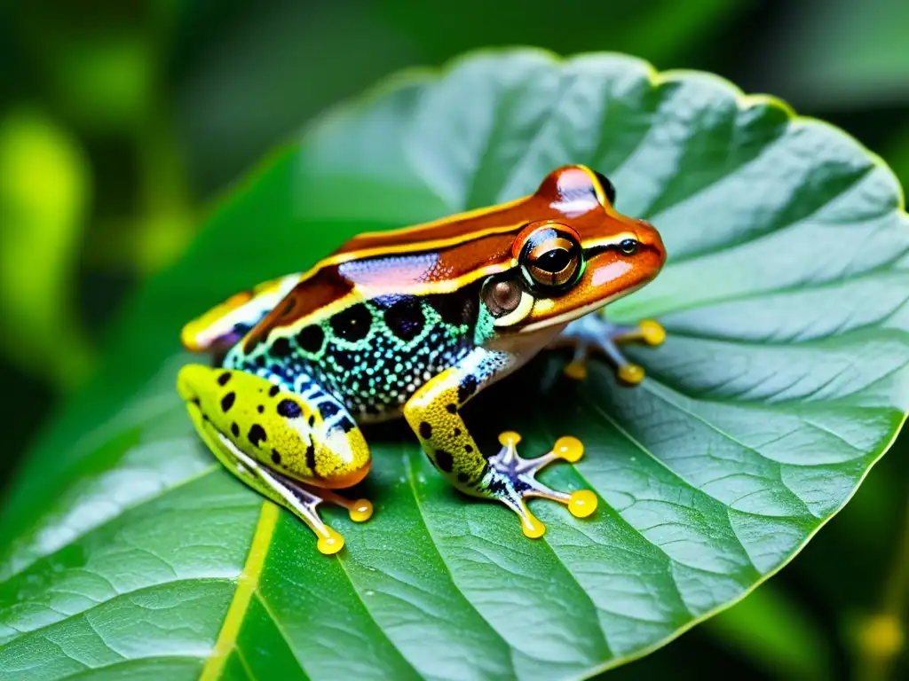 Un momento íntimo en la selva: un colorido anfibio extiende su lengua pegajosa hacia una flor brillante