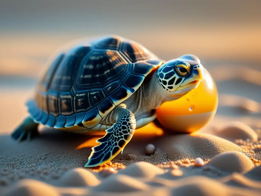 Un momento milagroso: un bebé tortuga rompiendo su cascarón, con patrones delicados en su caparazón y una determinación en sus ojos