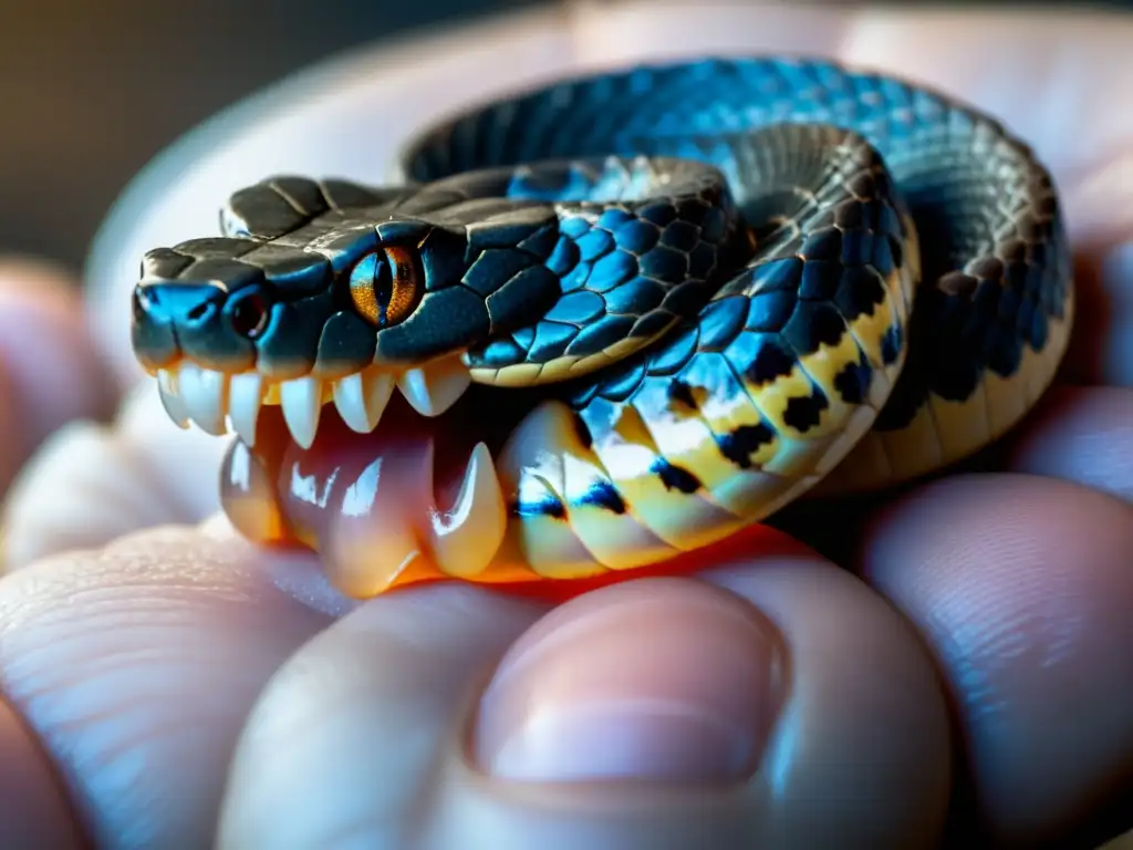 Un momento tenso: colmillos de serpiente venenosa clavándose en la piel humana, con veneno goteando