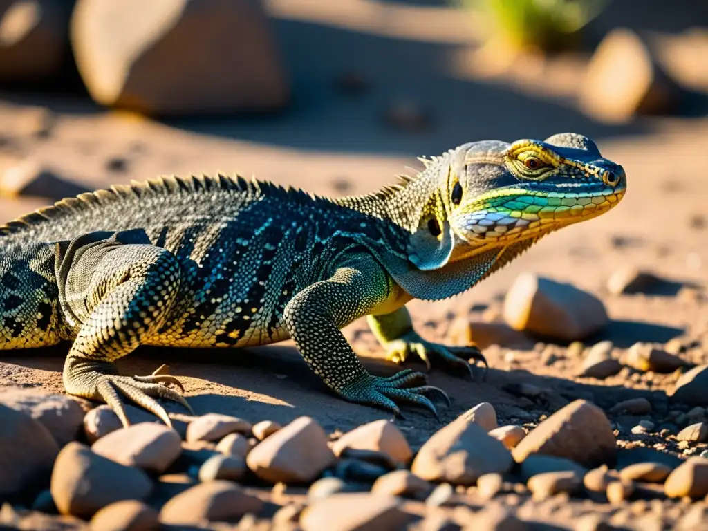 Un monitor de gran tamaño acecha a su presa en un paisaje rocoso bañado por el sol