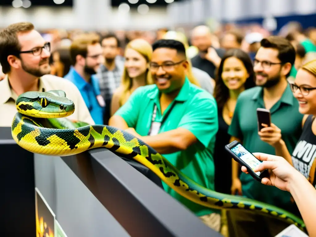 Multitud diversa maravillada por reptiles y anfibios en convención de cómics