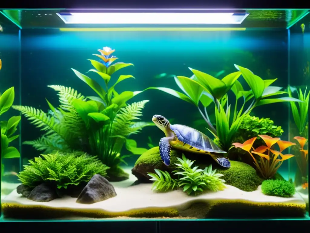 Un mundo acuático vibrante y cristalino con peces coloridos, plantas exuberantes y una tortuga nadando