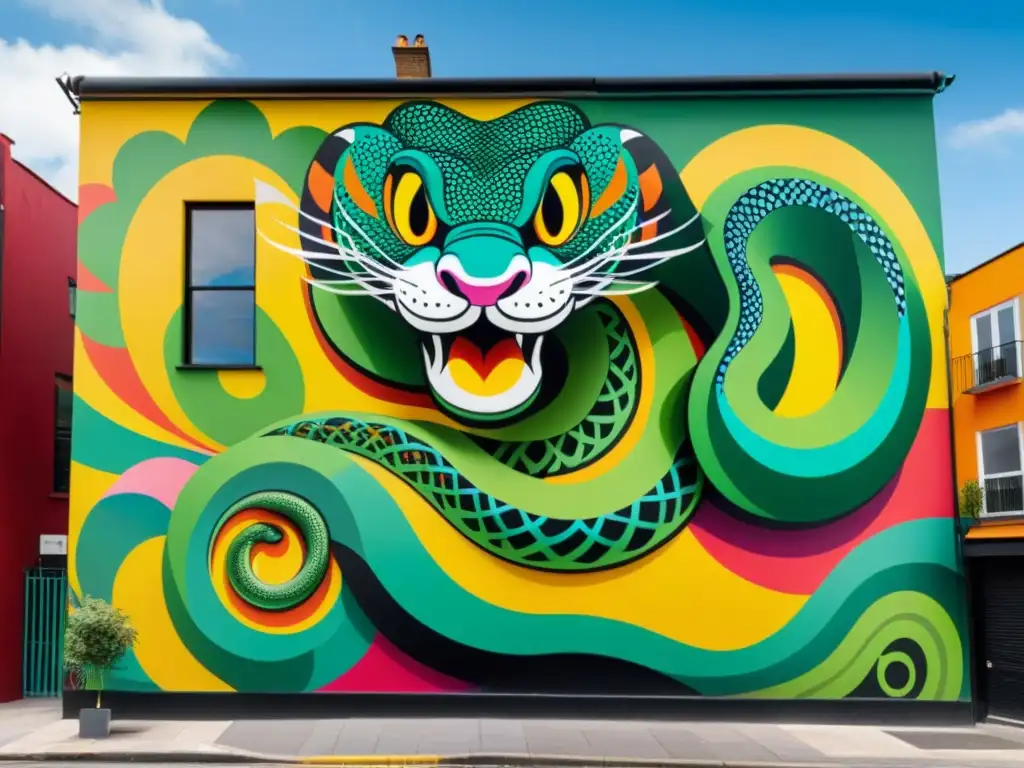 Un mural contemporáneo de arte urbano detalla una serpiente vibrante y compleja, fusionando tradición con modernidad