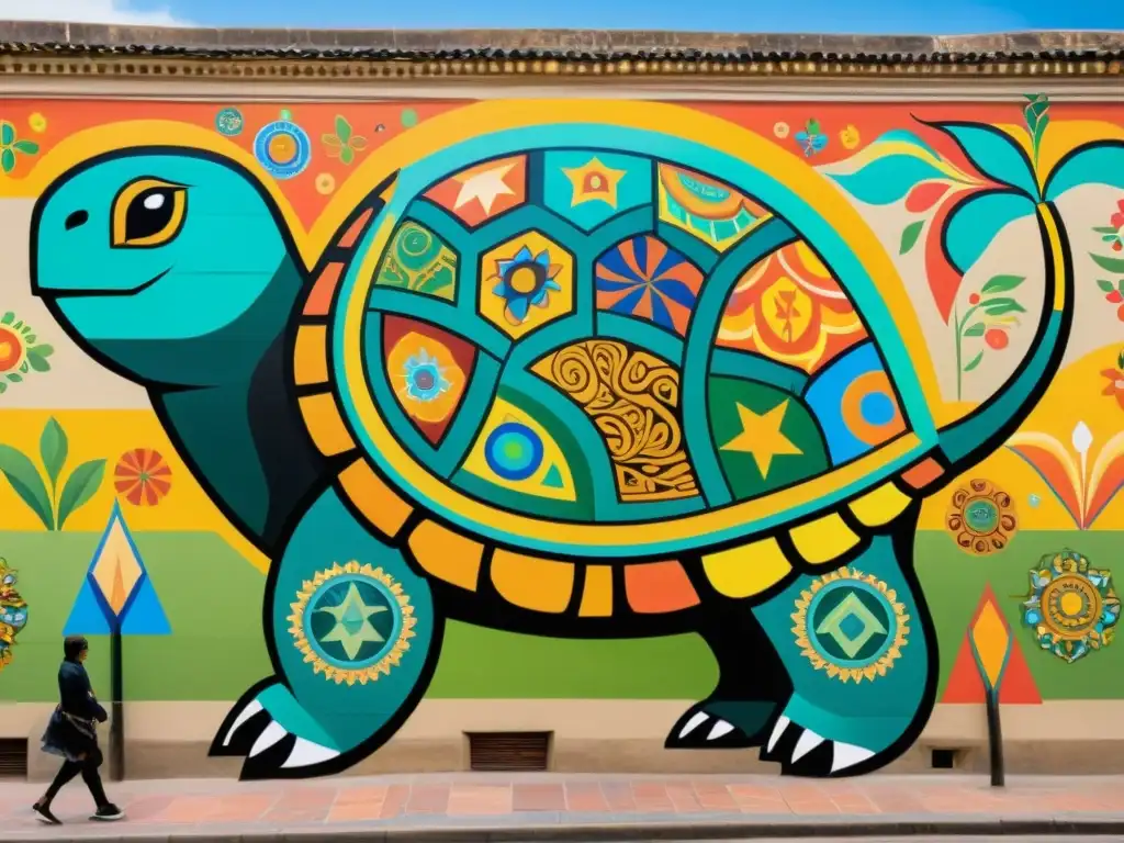 Un mural vibrante muestra la importancia cultural de las tortugas, con símbolos y colores que evocan reverencia y significado histórico