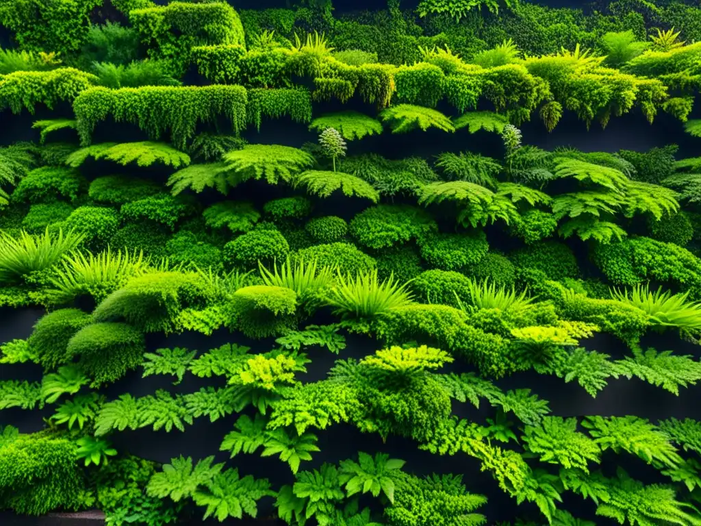 Un muro urbano cubierto de exuberante musgo verde, con una variedad de plantas vivas