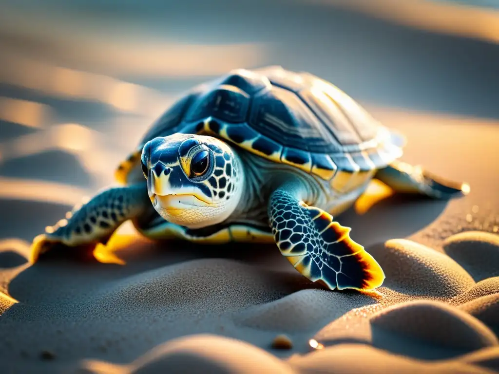 Pequeña tortuga marina recién nacida luchando en la playa iluminada por la luna, reflejando determinación y belleza natural