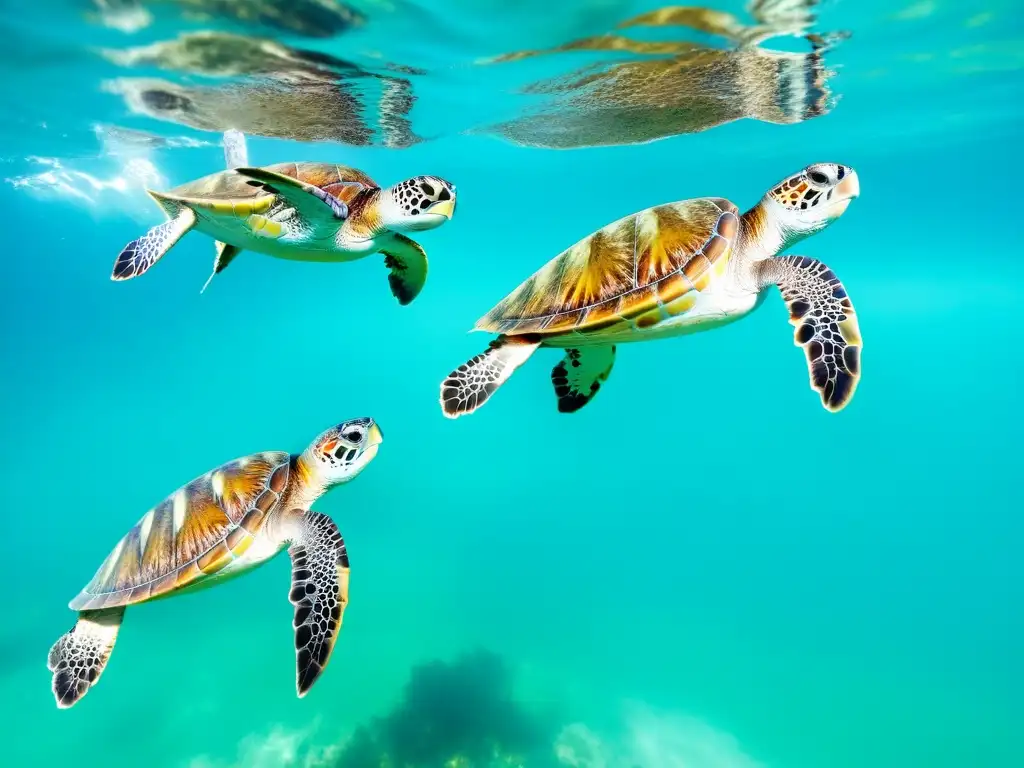 Gracia serena: Tortugas marinas en aguas turquesas Comunicación tortugas hábitat natural: Elegantes tortugas marinas nadando en aguas turquesa con un fondo de arrecifes y peces