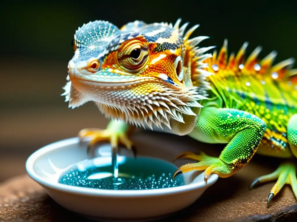 Necesidades de hidratación: un dragón barbudo bebiendo gotas de agua, resaltando la textura de sus escamas y la importancia del agua para reptiles