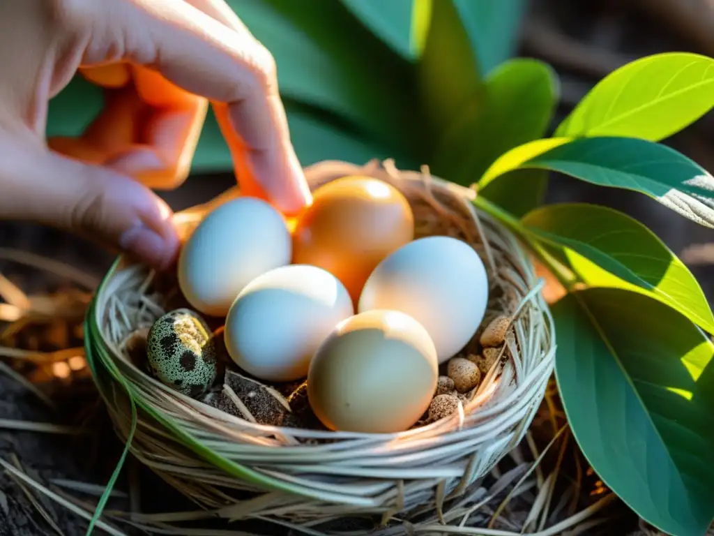 Nido de huevos de reptil con cuidadosa determinación del sexo por temperatura, bañado por luz cálida entre las hojas