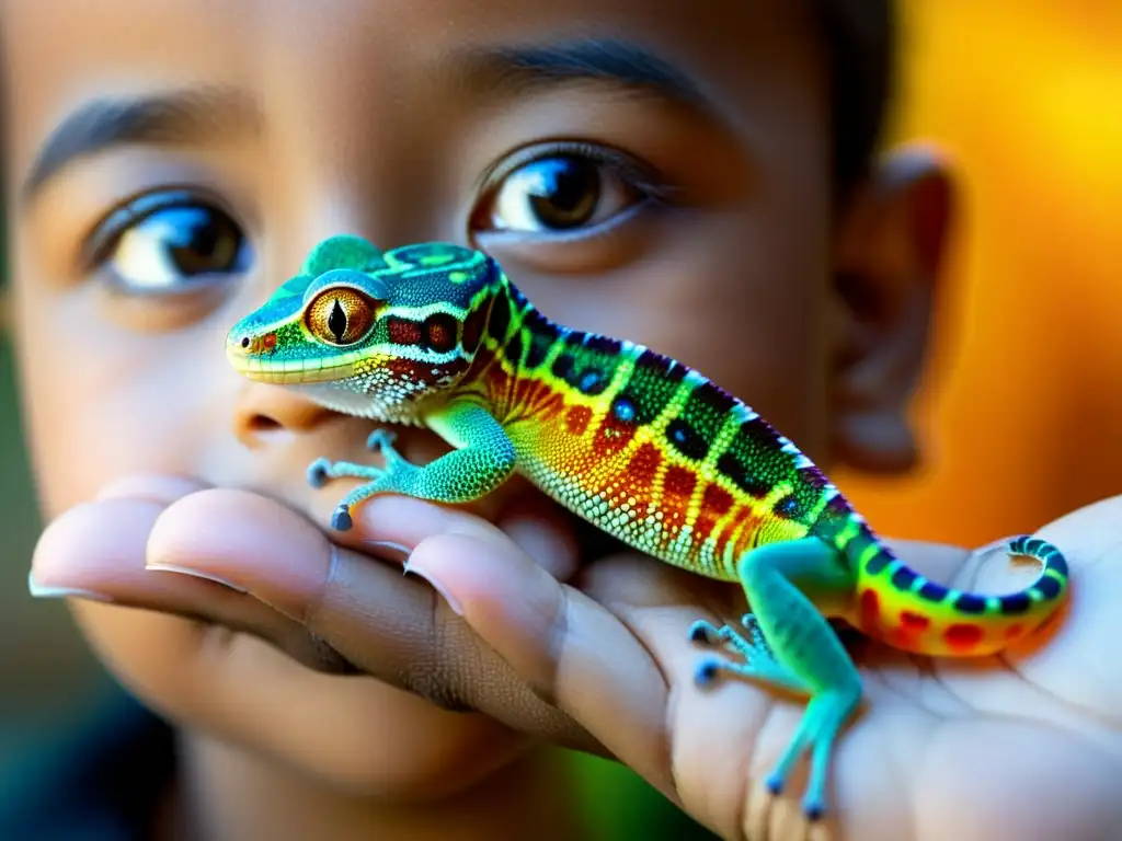 Un niño observa con asombro a un colorido geco que sostiene con cuidado en sus manos