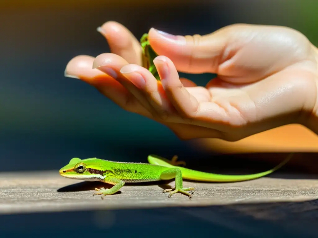 Un niño observa con asombro a un lagarto verde sobre su mano, en una escena de convivencia segura entre lagartos y niños